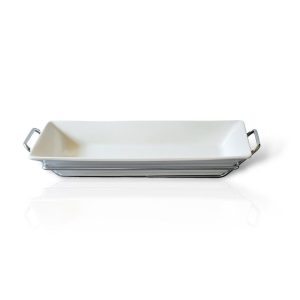 Bandeja Porcelana con Base Cromada Rectangular 34 cm.