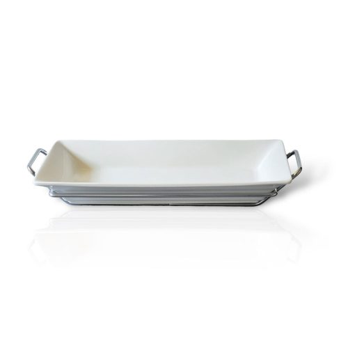Bandeja Porcelana con Base Cromada Rectangular 34 cm.