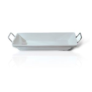 Bandeja Porcelana con Base Cromada Rectangular 38 cm.