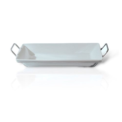 Bandeja Porcelana con Base Cromada Rectangular 38 cm.