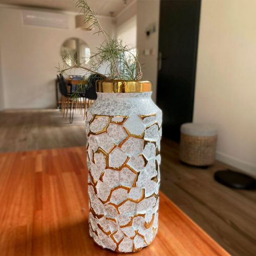 Florero Arcilla Blanco con Dorado 13 x 13 x 28,5 cm. - Imagen 2