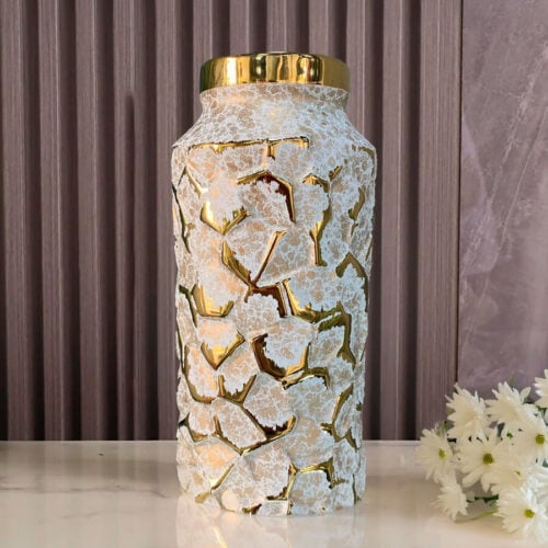 Florero Arcilla Blanco con Dorado 13 x 13 x 28,5 cm. - Imagen 5