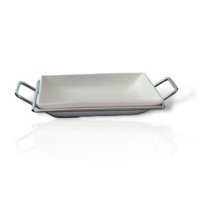 Bandeja Porcelana con Base Cromada Rectangular 20,7 cm.
