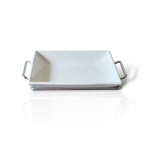 Bandeja Porcelana con Base Cromada Rectangular 25,5 cm.